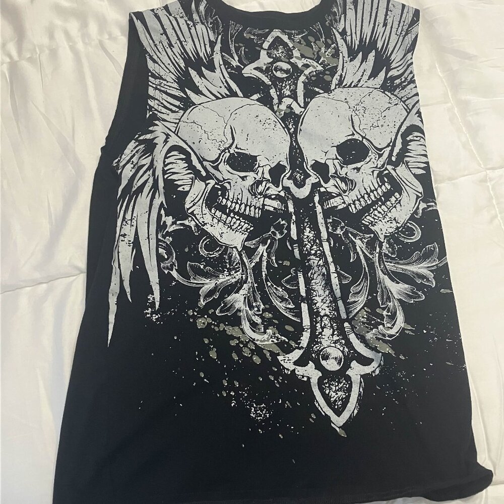 black hot topic grunge emo tank top with skulls and cross